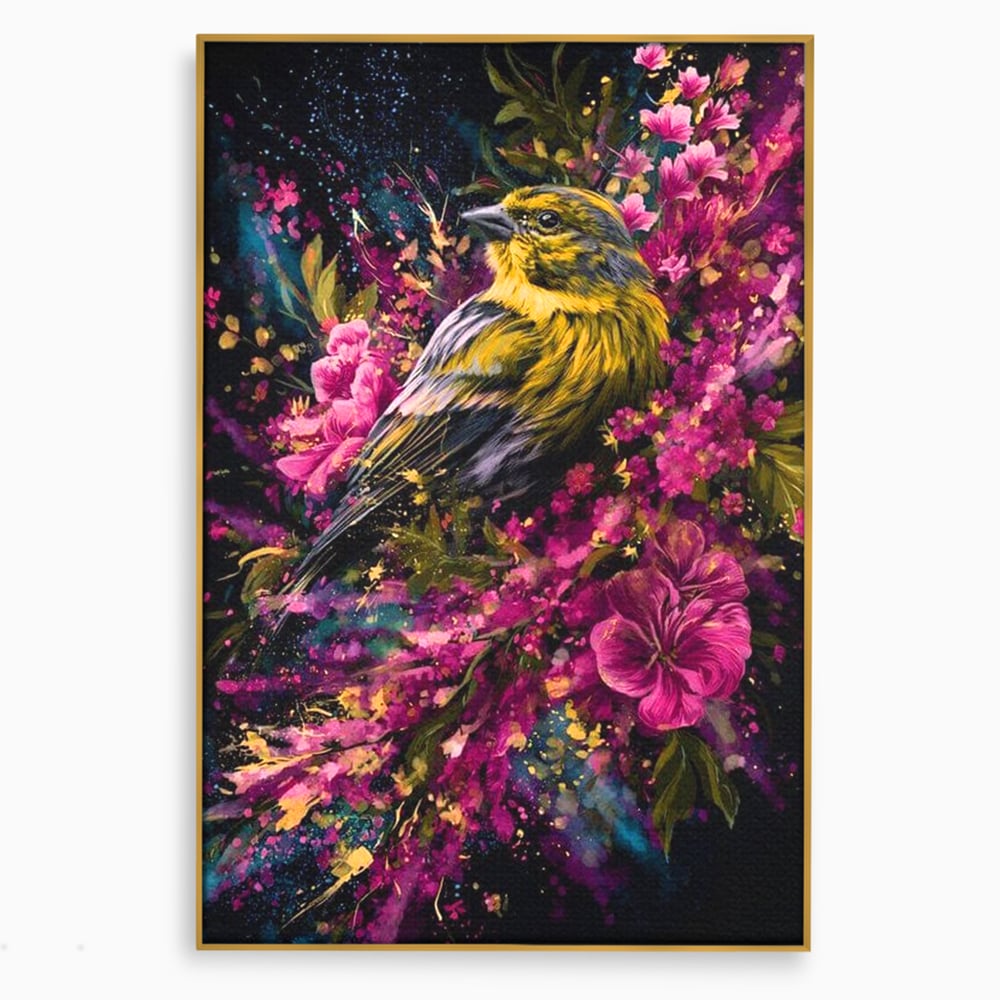 Tablou canvas cu tablou canvas cu pasare printre flori, in rama de aluminiu auriu