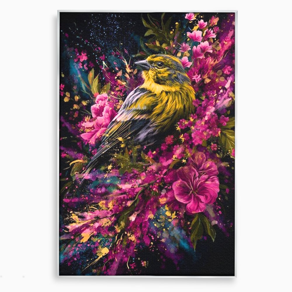 Tablou canvas cu tablou canvas cu pasare printre flori, in rama de aluminiu argintiu