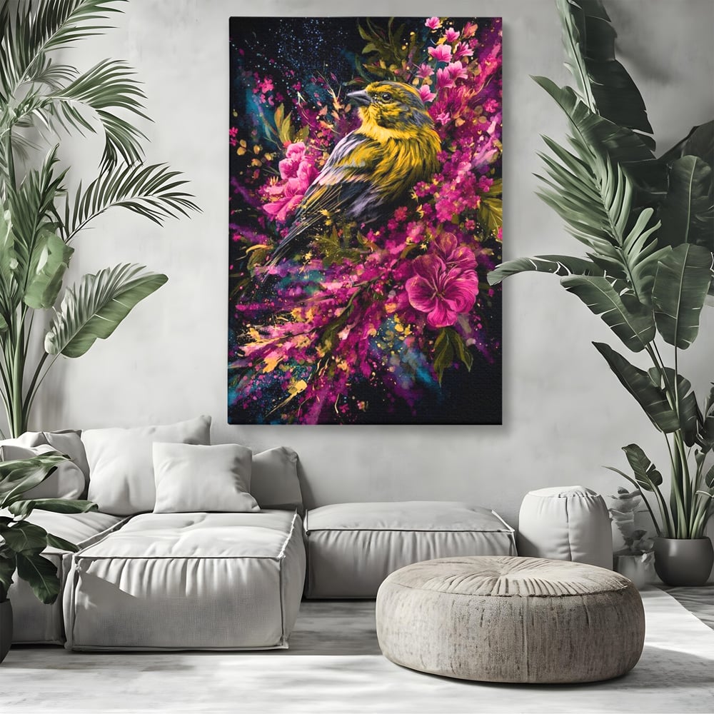 Tablou canvas cu tablou canvas cu pasare printre flori, fara rama, pe sasiu de lemn, pe perete intr-un living