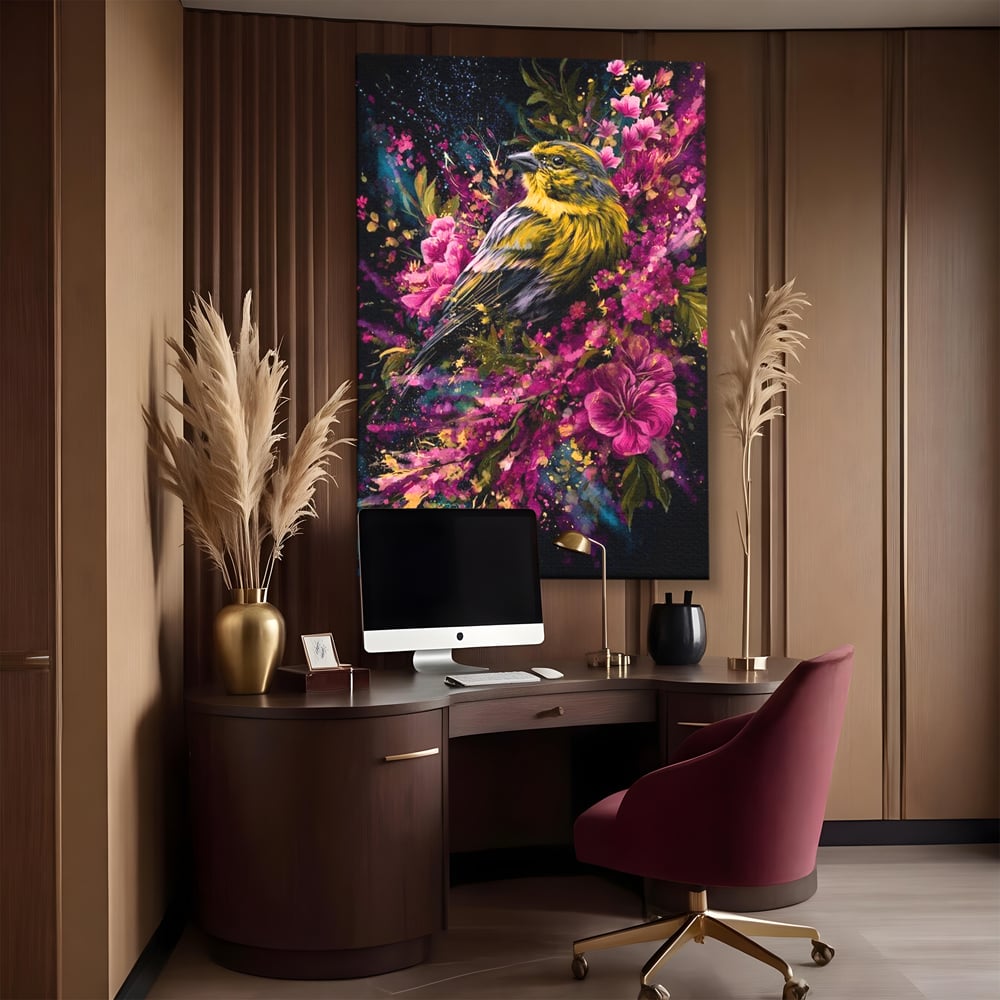 Tablou canvas cu tablou canvas cu pasare printre flori, fara rama, pe sasiu de lemn, pe perete intr-un birou