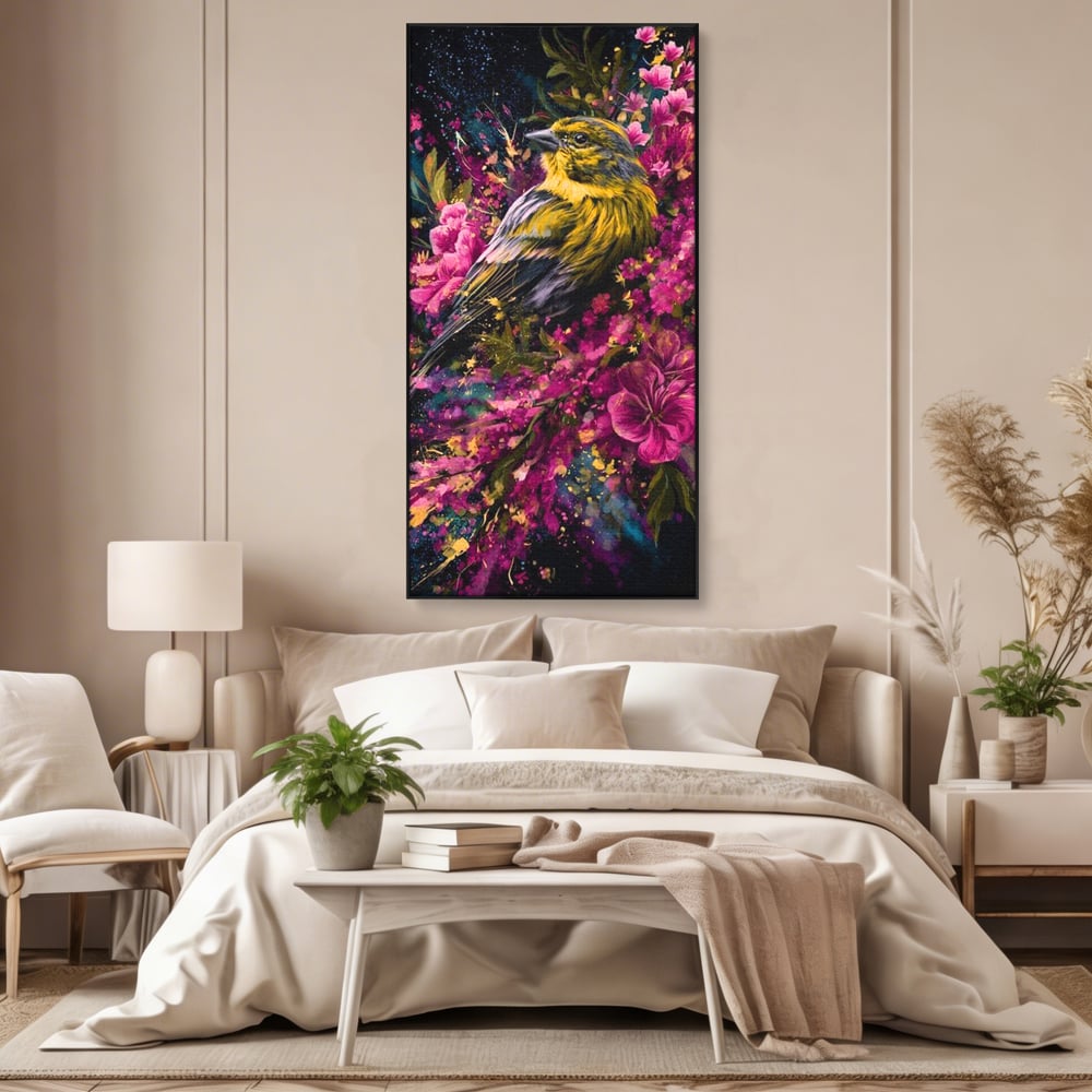 Tablou canvas cu tablou canvas cu pasare printre flori, in rama de aluminiu negru, pe perete intr-un dormitor