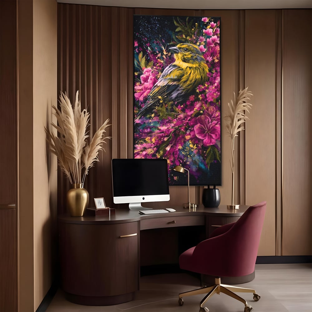 Tablou canvas cu tablou canvas cu pasare printre flori, in rama de aluminiu negru, pe perete intr-un birou