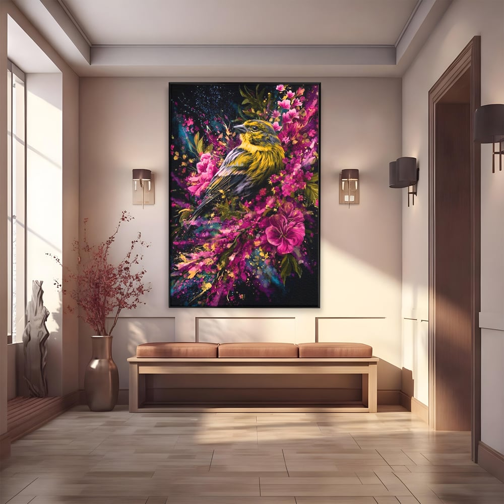 Tablou canvas cu tablou canvas cu pasare printre flori, in rama de aluminiu negru