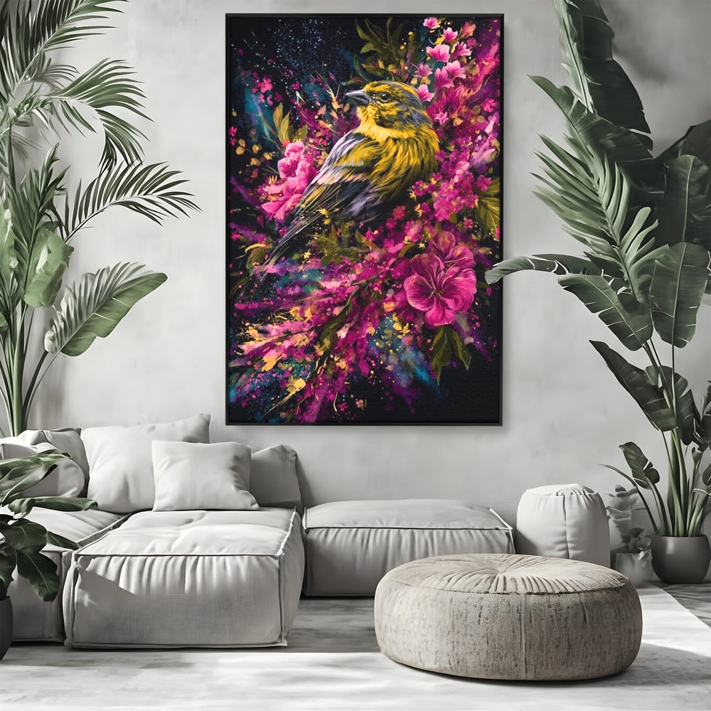 Tablou canvas cu tablou canvas cu pasare printre flori, in rama de aluminiu negru, pe perete intr-un living