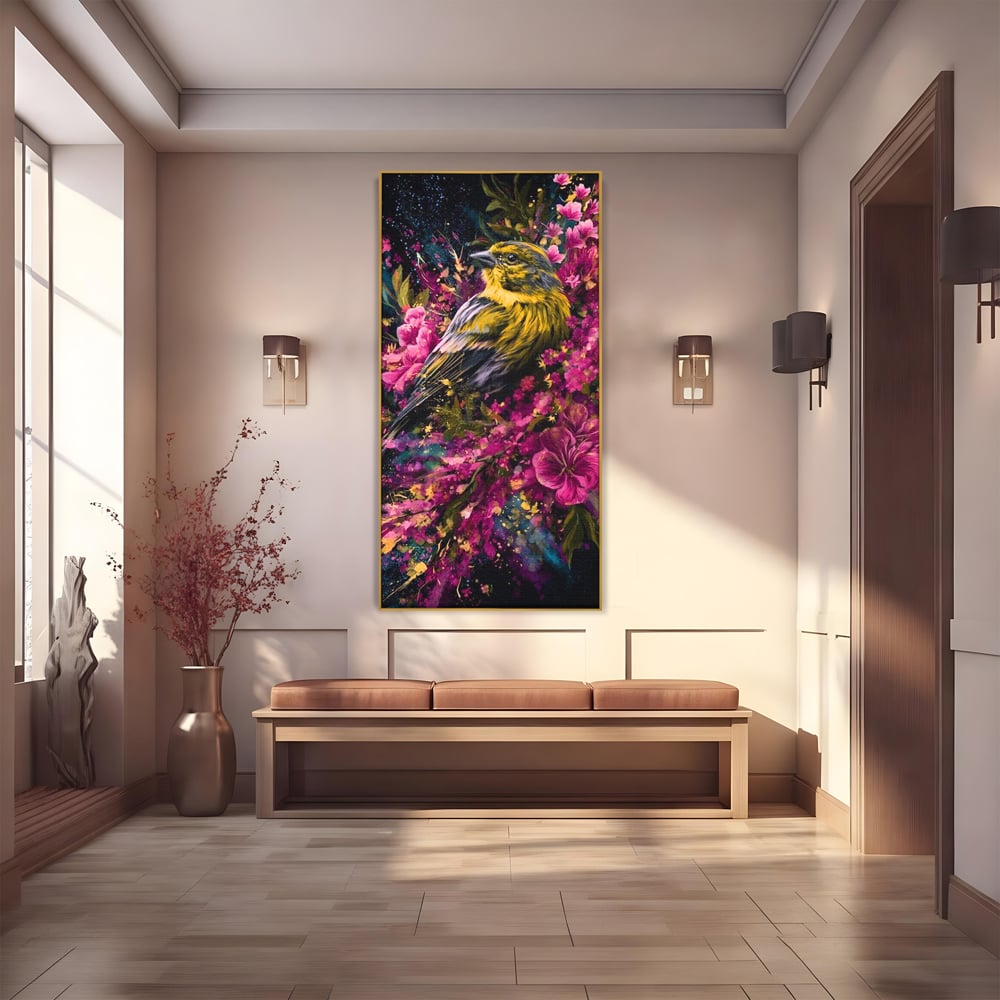 Tablou canvas cu tablou canvas cu pasare printre flori, in rama de aluminiu auriu