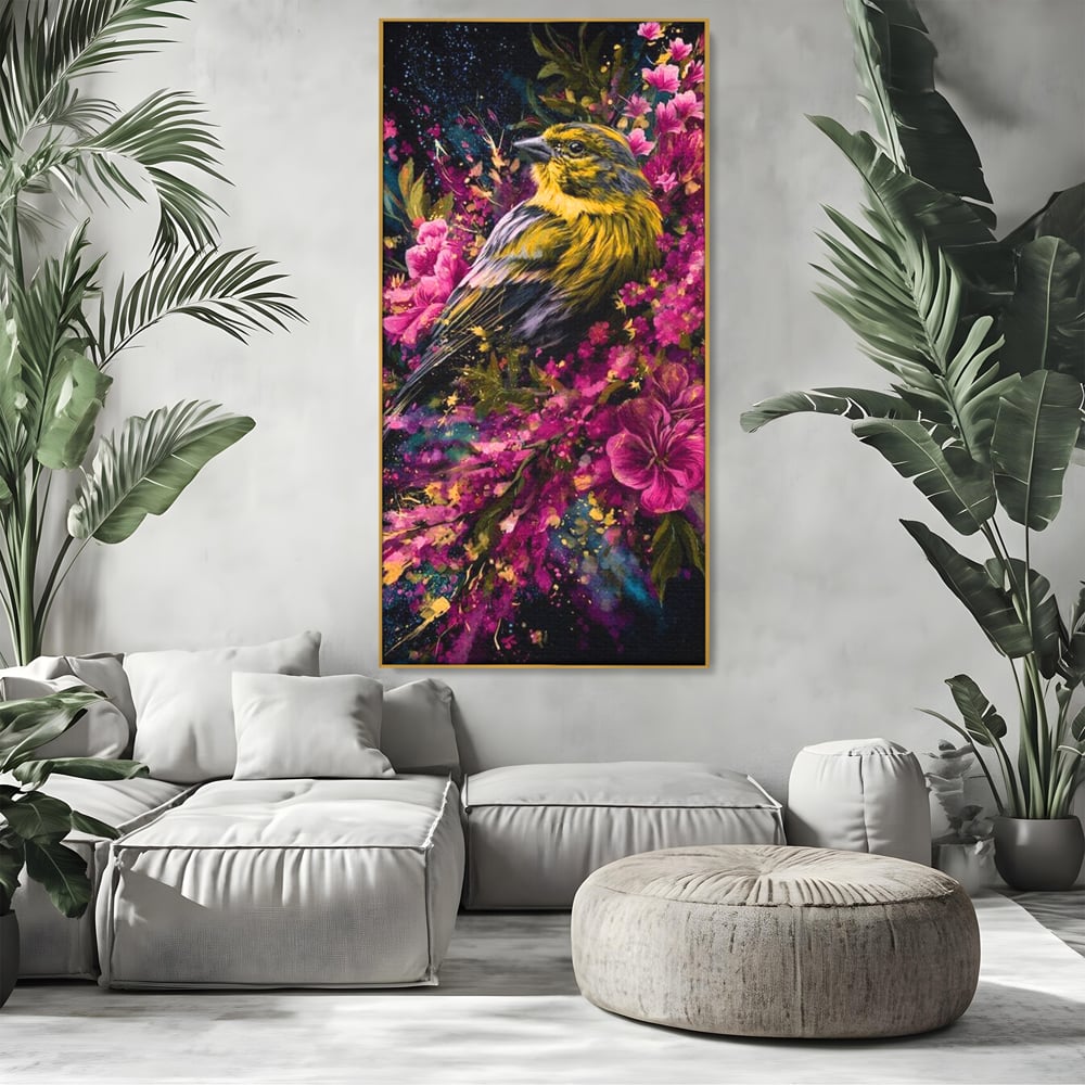 Tablou canvas cu tablou canvas cu pasare printre flori, in rama de aluminiu auriu, pe perete intr-un living