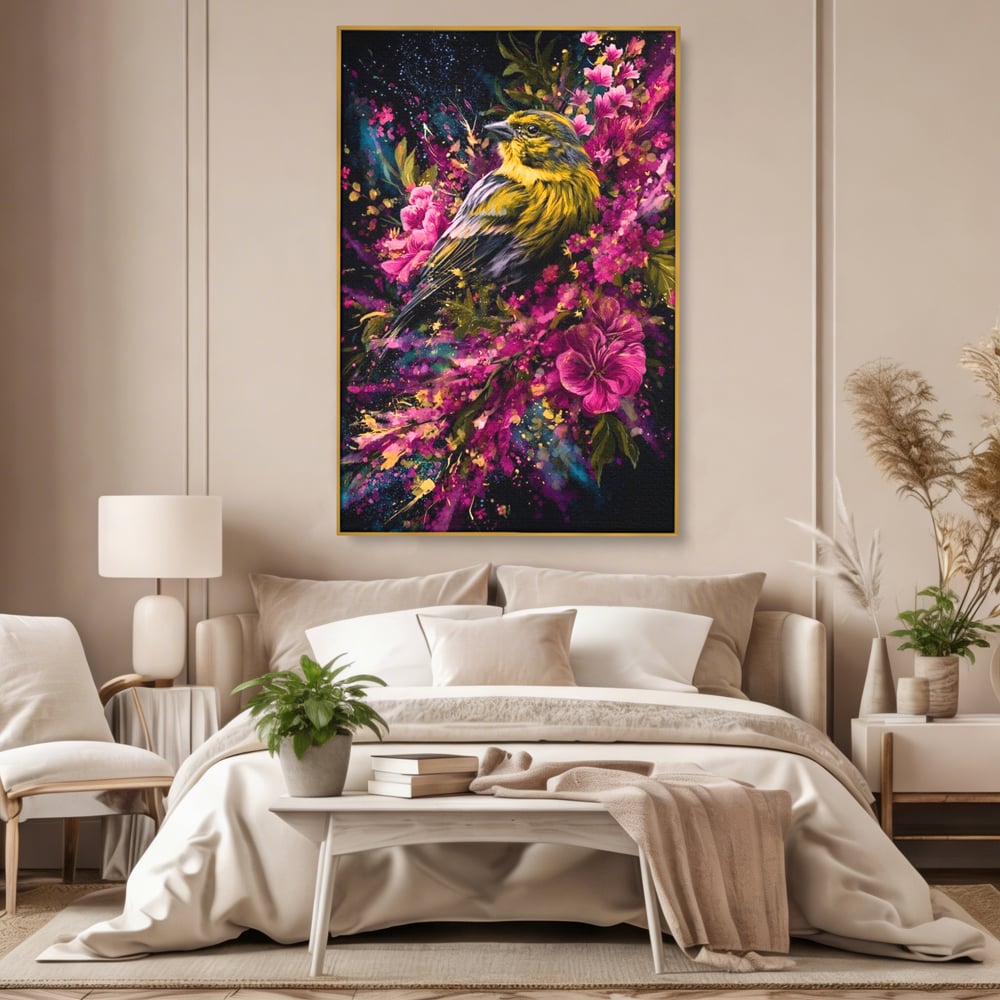 Tablou canvas cu tablou canvas cu pasare printre flori, in rama de aluminiu auriu, pe perete intr-un dormitor