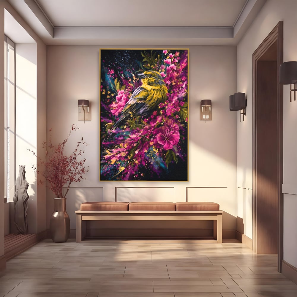 Tablou canvas cu tablou canvas cu pasare printre flori, in rama de aluminiu auriu