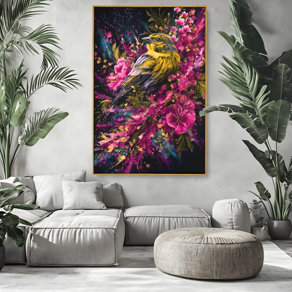 Tablou canvas cu tablou canvas cu pasare printre flori, in rama de aluminiu auriu, pe perete intr-un living