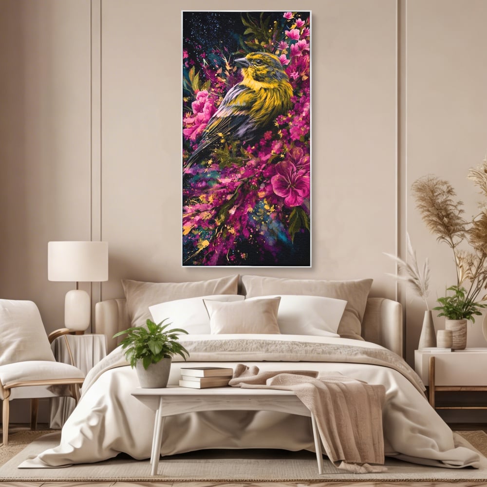 Tablou canvas cu tablou canvas cu pasare printre flori, in rama de aluminiu argintiu, pe perete intr-un dormitor