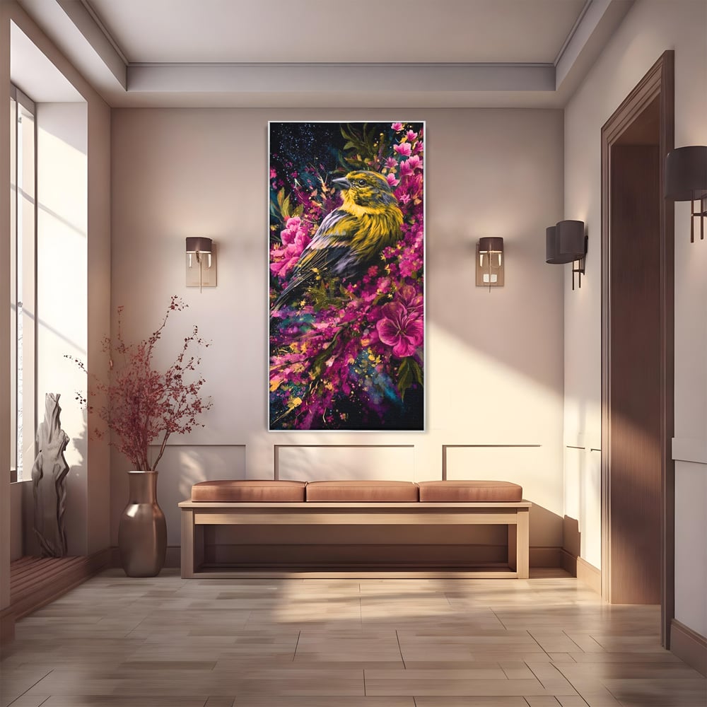 Tablou canvas cu tablou canvas cu pasare printre flori, in rama de aluminiu argintiu