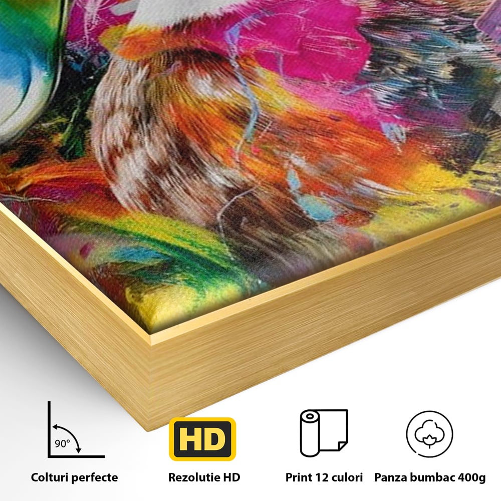 Detaliu al suprafetei: tablou canvas cu rata colorata, in rama de aluminiu auriu