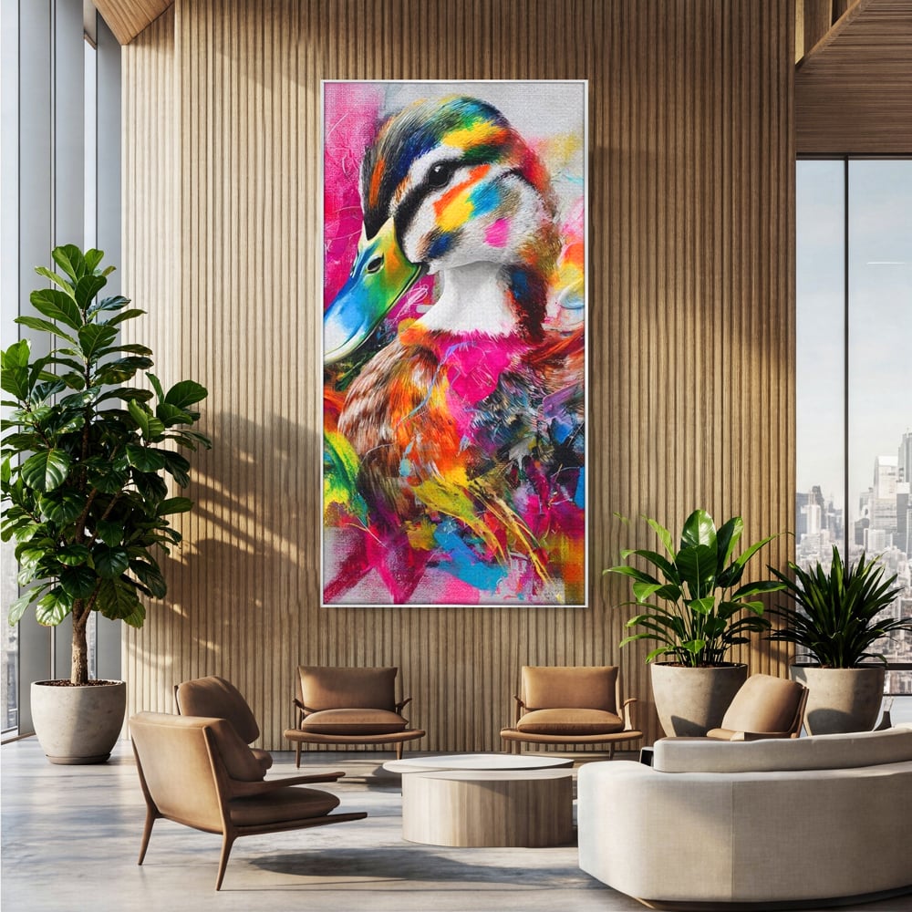Tablou canvas cu tablou canvas cu rata colorata, in rama de aluminiu argintiu, pe perete intr-un birou