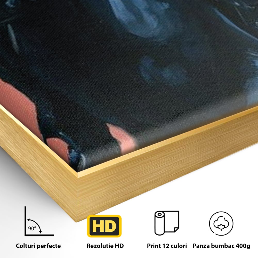 Detaliu al suprafetei: tablou canvas cu femeie calare, in rama de aluminiu auriu