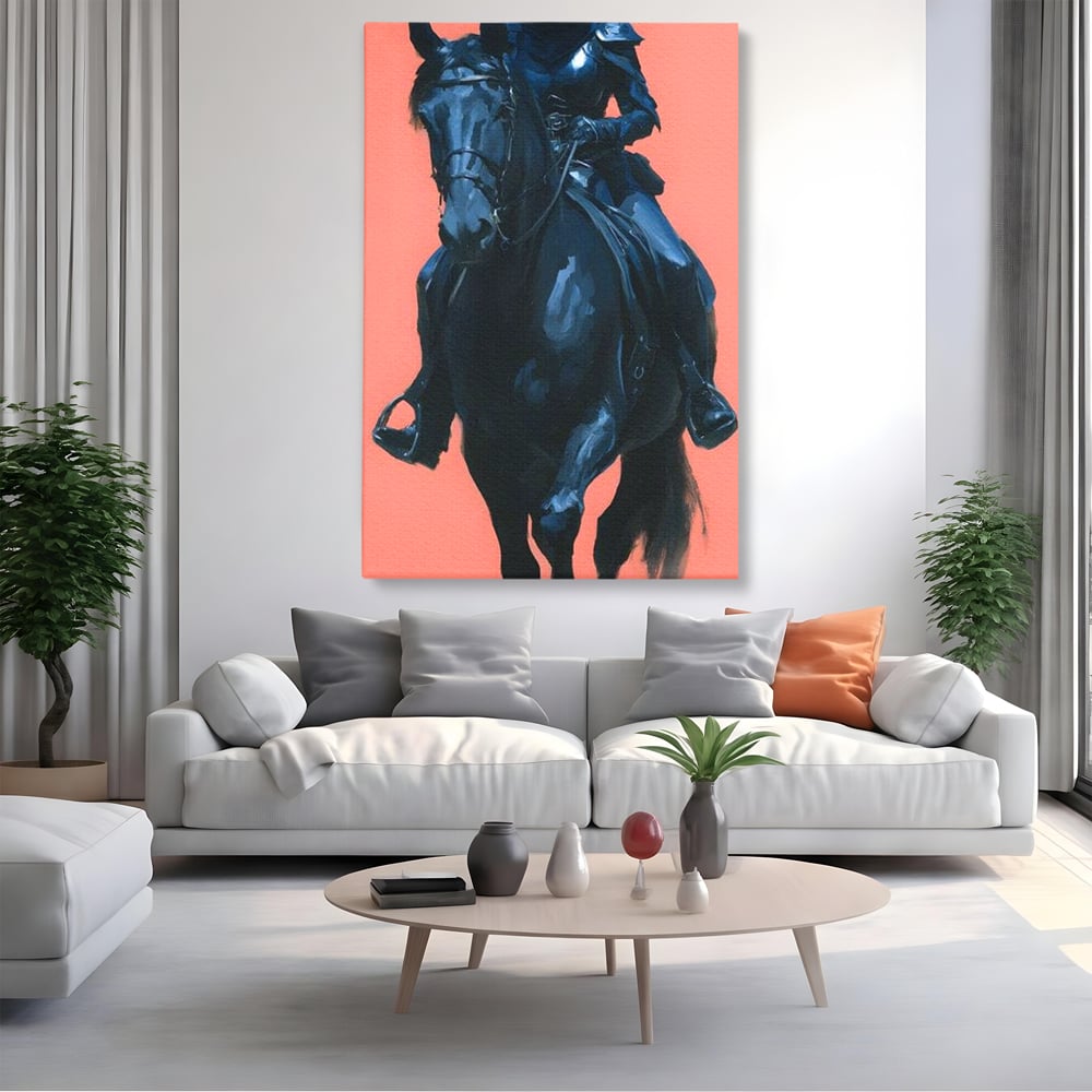 Tablou canvas cu tablou canvas cu femeie calare, fara rama, pe sasiu de lemn, pe perete intr-un living