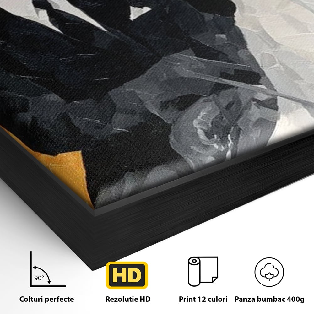 Detaliu al suprafetei: tablou canvas cu barbat calare pe cal alb, in rama de aluminiu negru