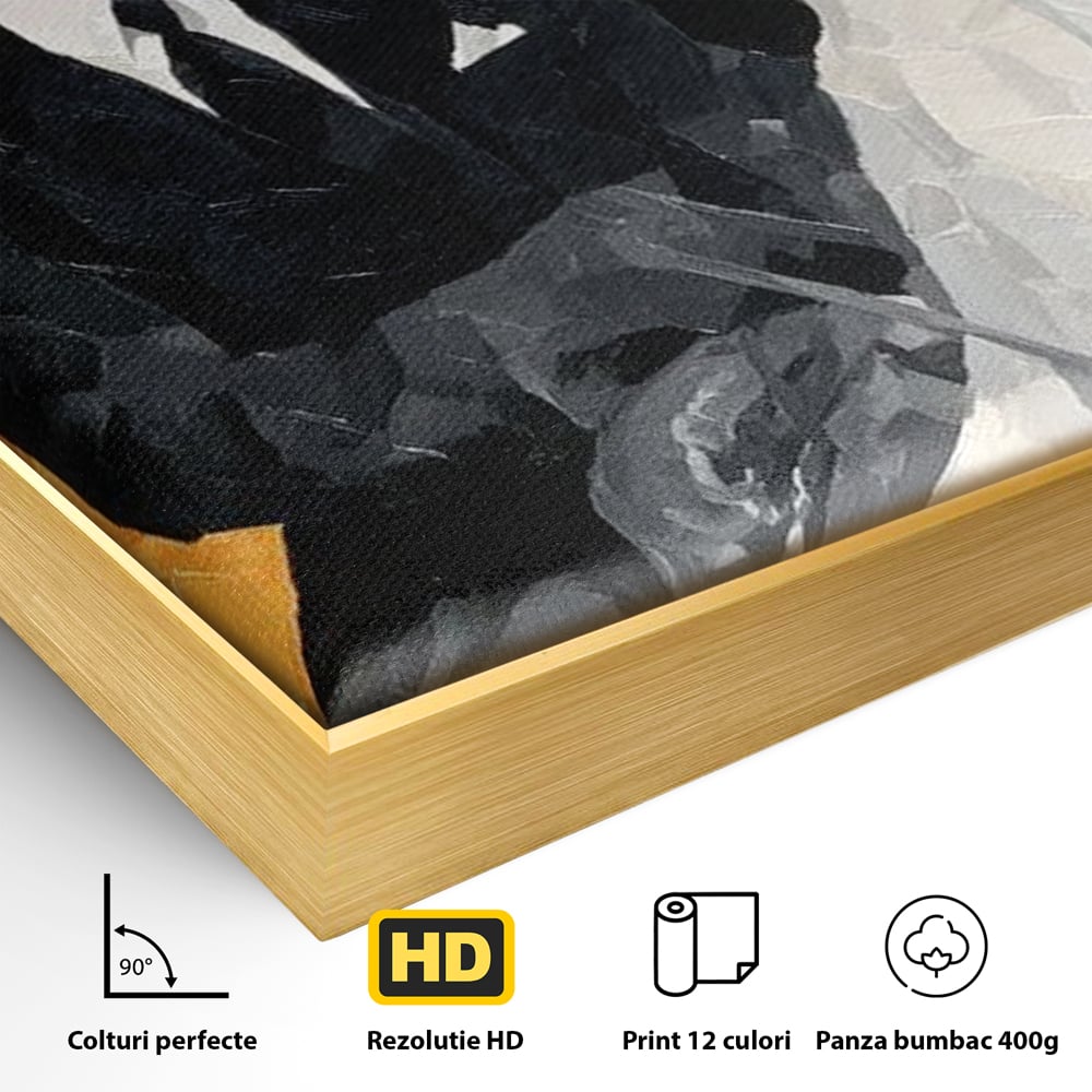 Detaliu al suprafetei: tablou canvas cu barbat calare pe cal alb, in rama de aluminiu auriu
