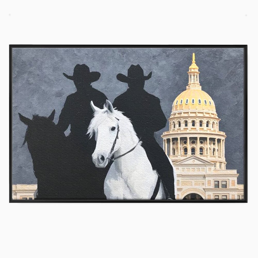 Tablou canvas cu pictura cu doi cowboy si cladire oficiala, in rama de aluminiu negru