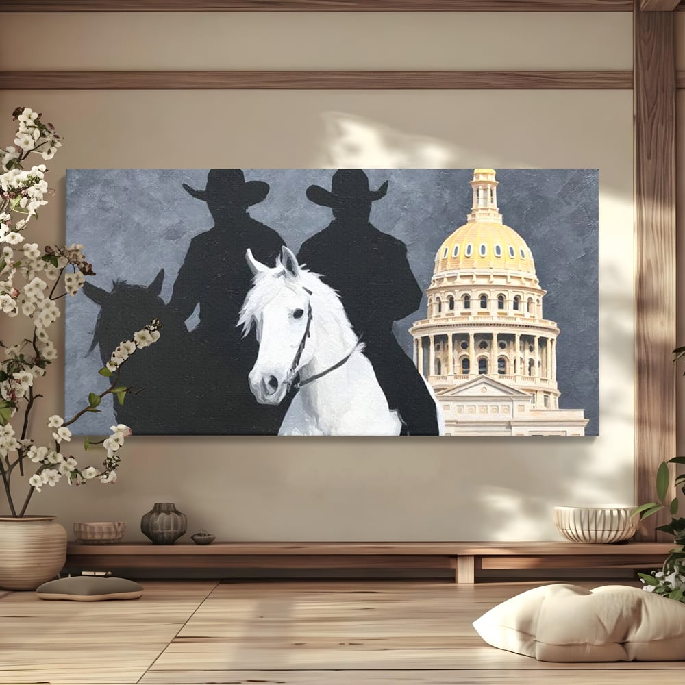 Tablou canvas cu pictura cu doi cowboy si cladire oficiala, fara rama, pe sasiu de lemn