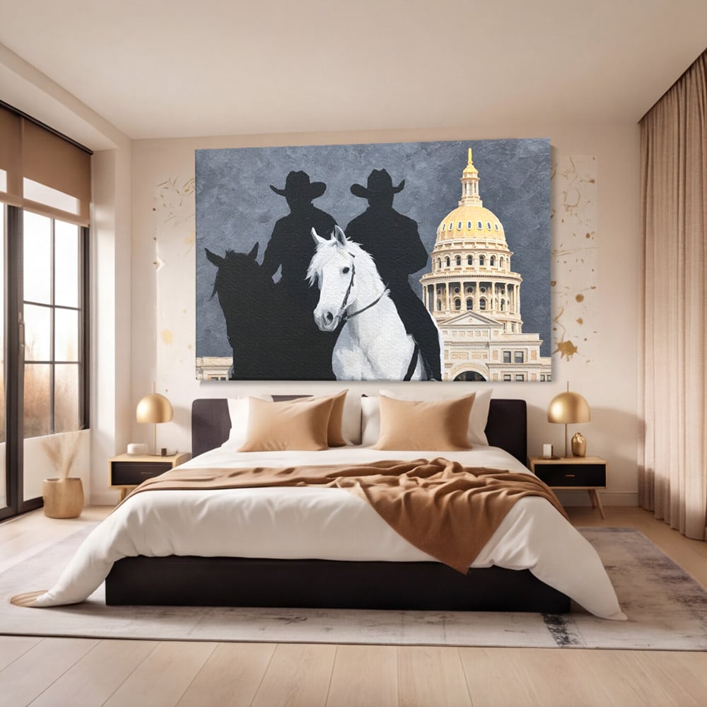 Tablou canvas cu pictura cu doi cowboy si cladire oficiala, fara rama, pe sasiu de lemn, pe perete intr-un dormitor