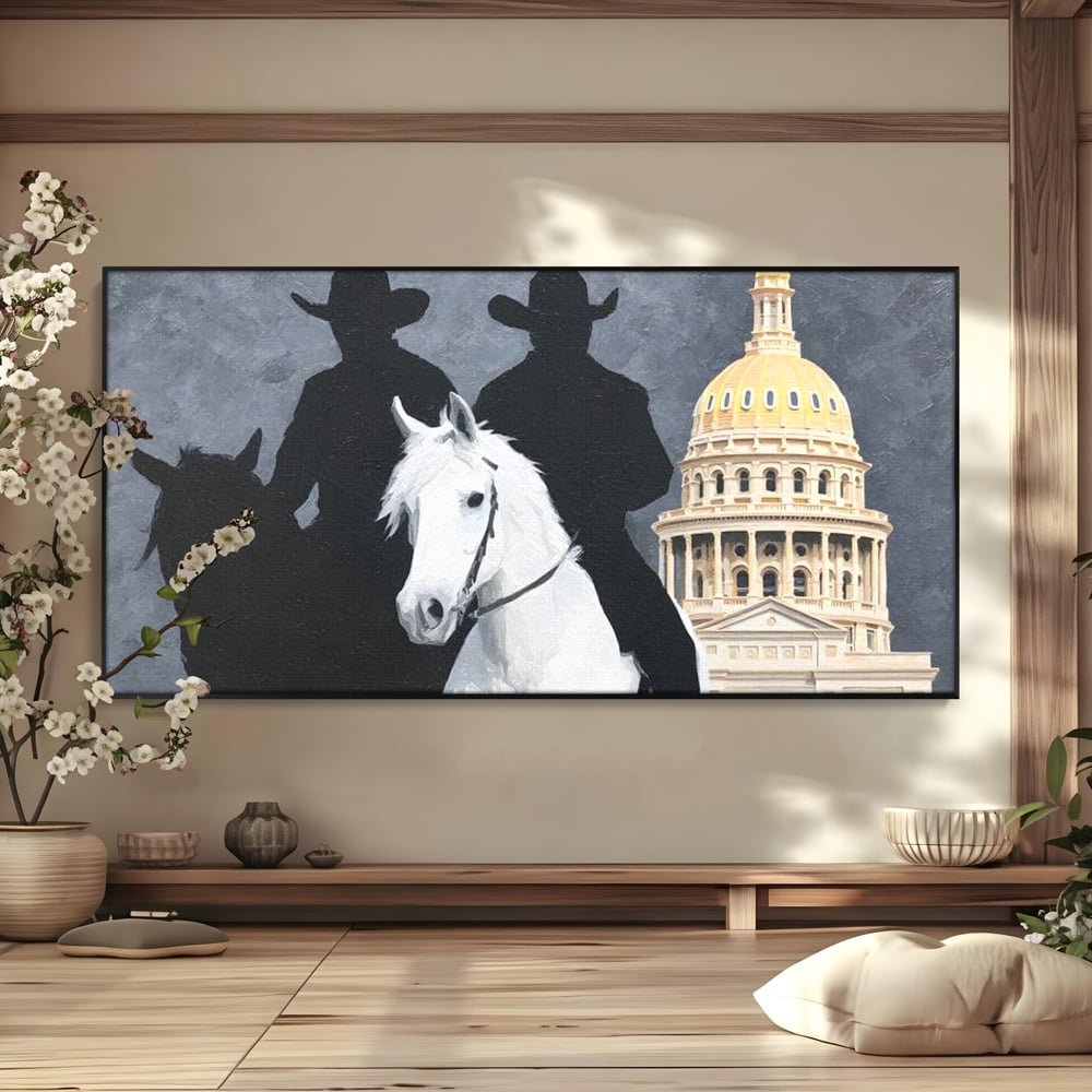 Tablou canvas cu pictura cu doi cowboy si cladire oficiala, in rama de aluminiu negru