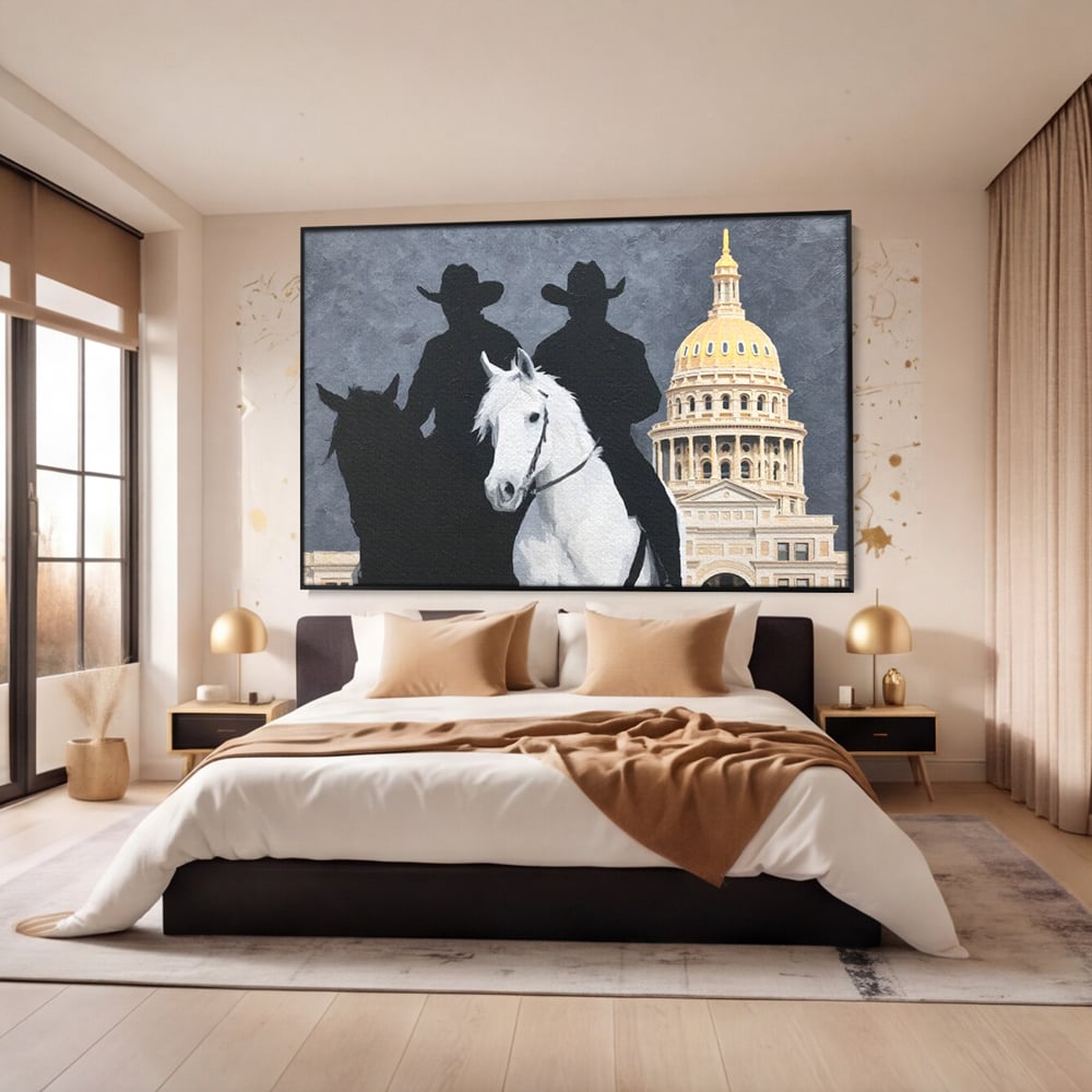 Tablou canvas cu pictura cu doi cowboy si cladire oficiala, in rama de aluminiu negru, pe perete intr-un dormitor