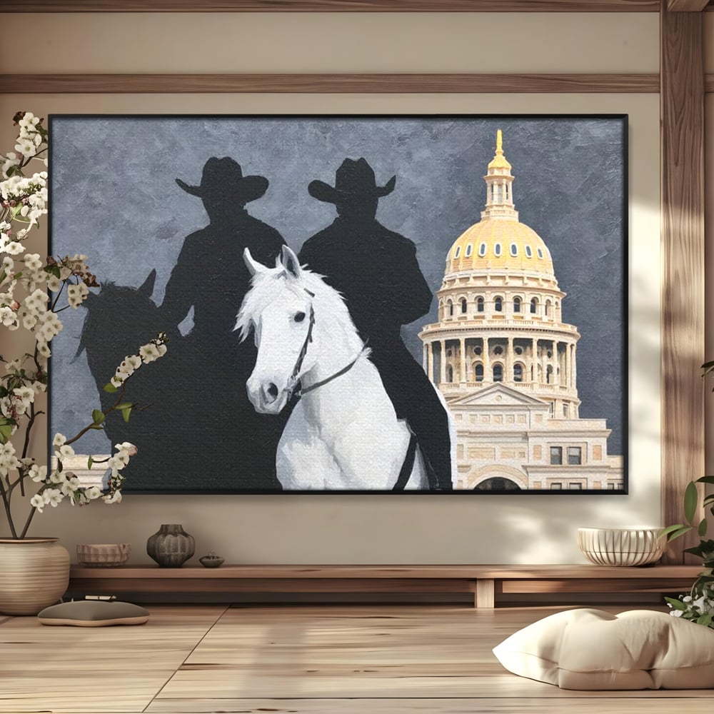 Tablou canvas cu pictura cu doi cowboy si cladire oficiala, in rama de aluminiu negru