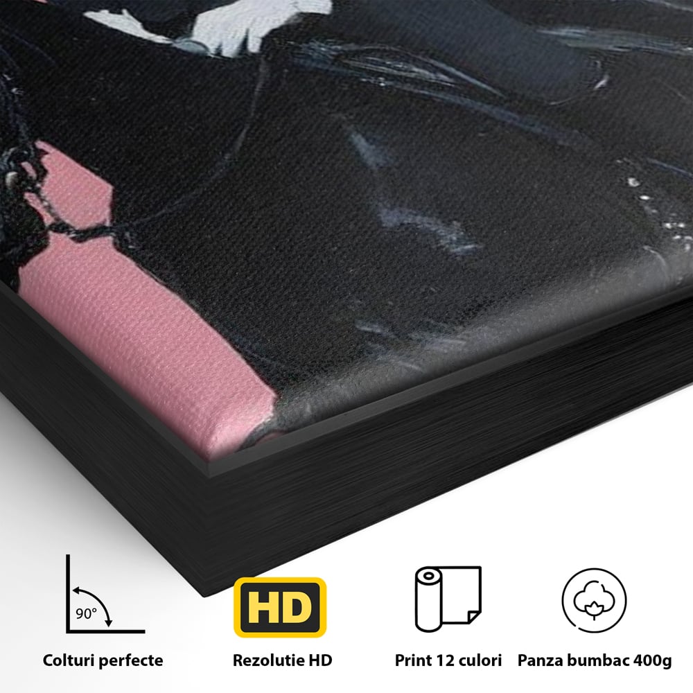 Detaliu al suprafetei: tablou canvas cu femeie calare, in rama de aluminiu negru