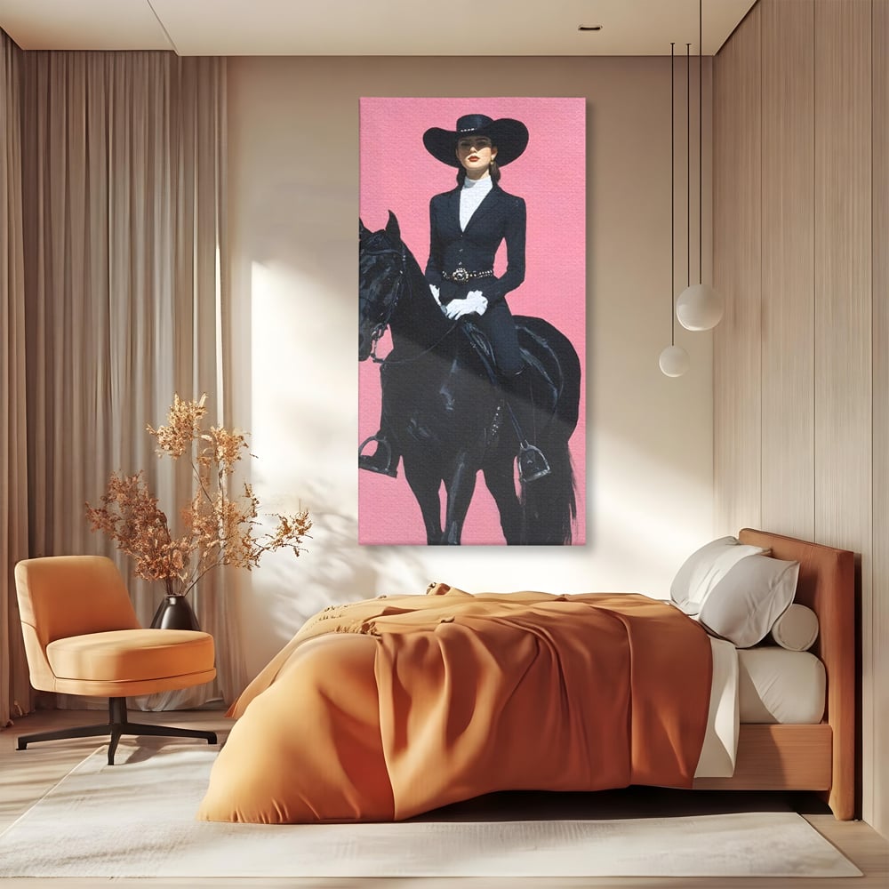 Tablou canvas cu tablou canvas cu femeie calare, fara rama, pe sasiu de lemn, pe perete intr-un dormitor