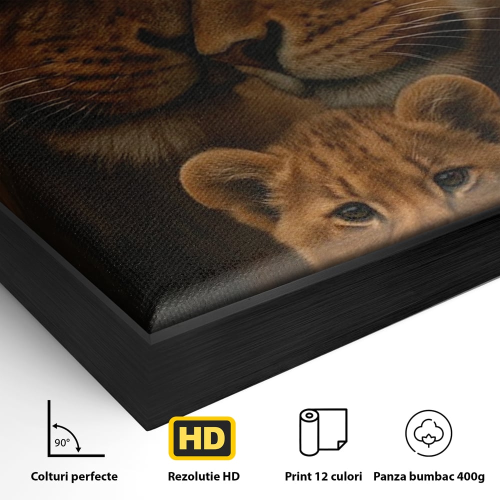 Detaliu al suprafetei: tablou canvas cu familie de lei, in rama de aluminiu negru