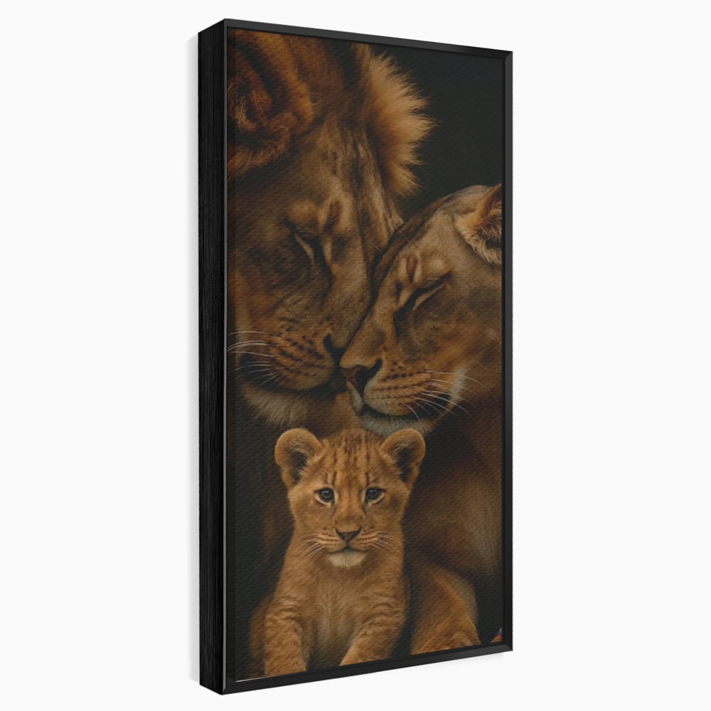 Tablou canvas cu tablou canvas cu familie de lei, in rama de aluminiu negru