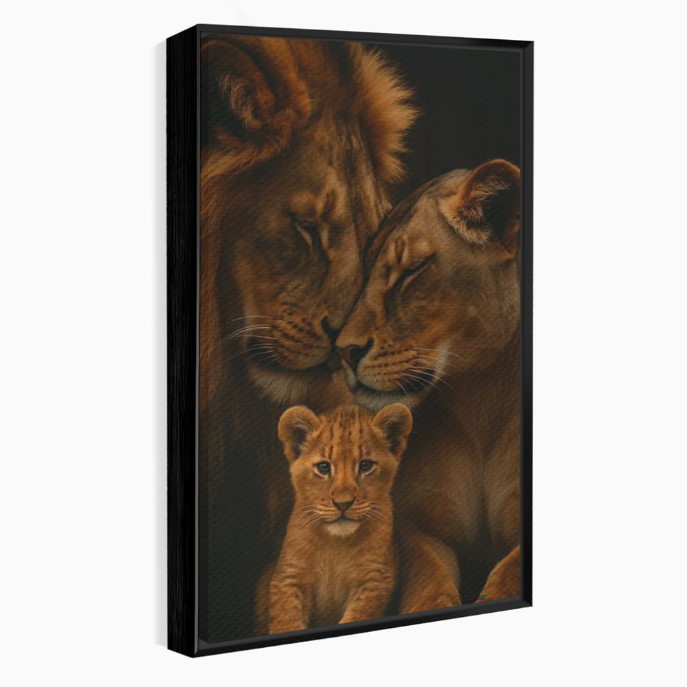Tablou canvas cu tablou canvas cu familie de lei, in rama de aluminiu negru