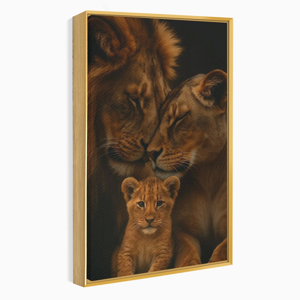 Tablou canvas cu tablou canvas cu familie de lei, in rama de aluminiu auriu