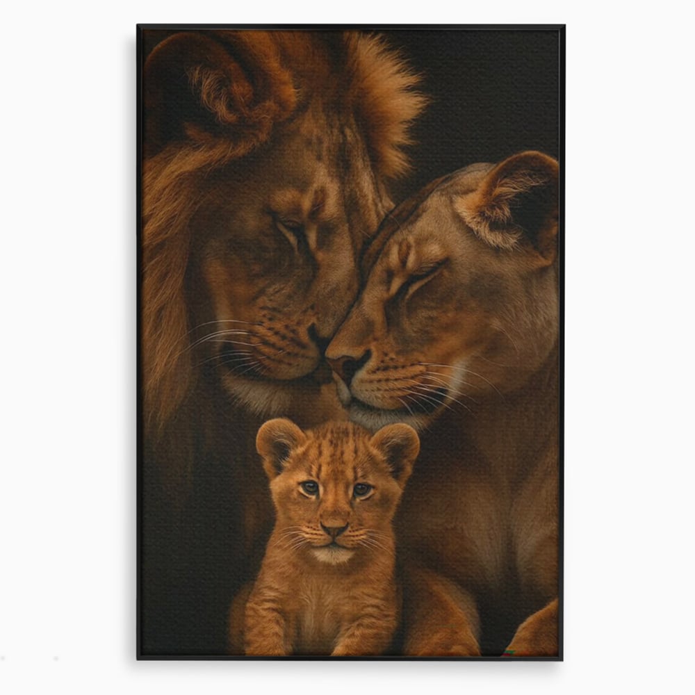 Tablou canvas cu tablou canvas cu familie de lei, in rama de aluminiu negru