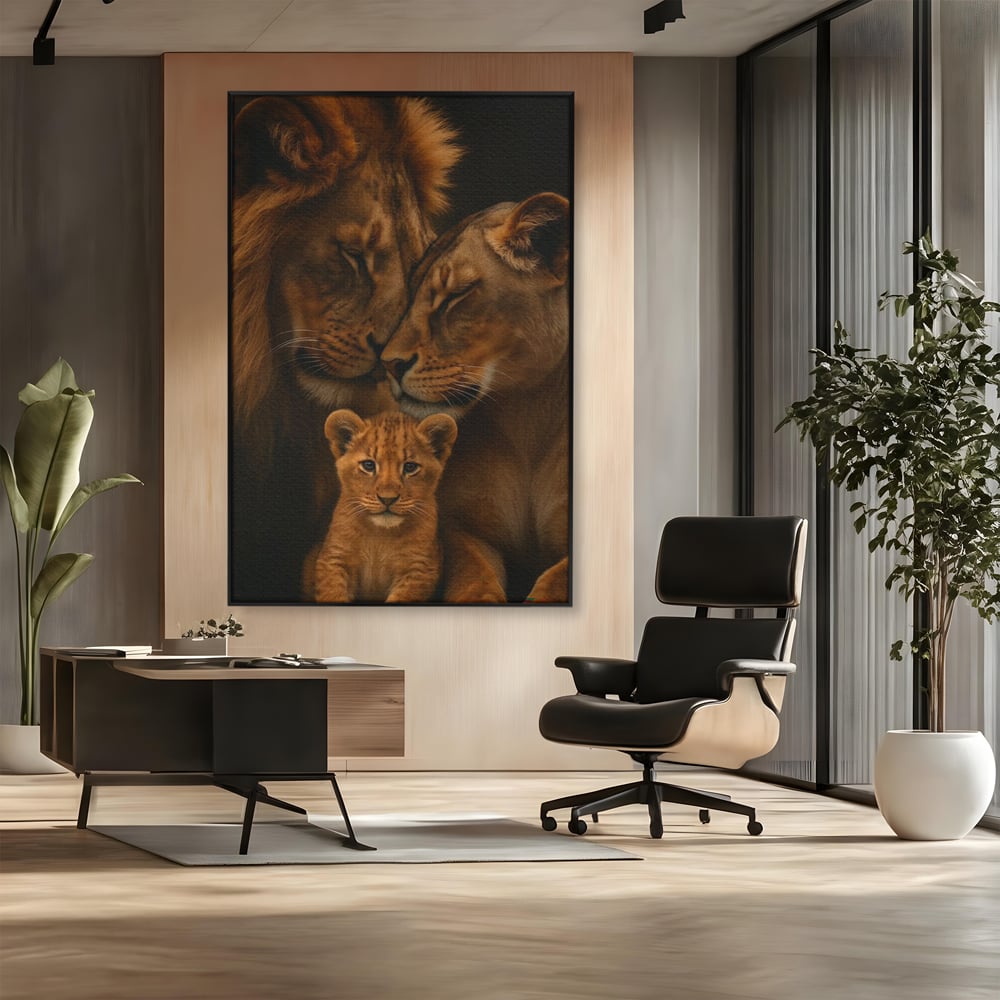 Tablou canvas cu tablou canvas cu familie de lei, in rama de aluminiu negru, pe perete intr-un birou