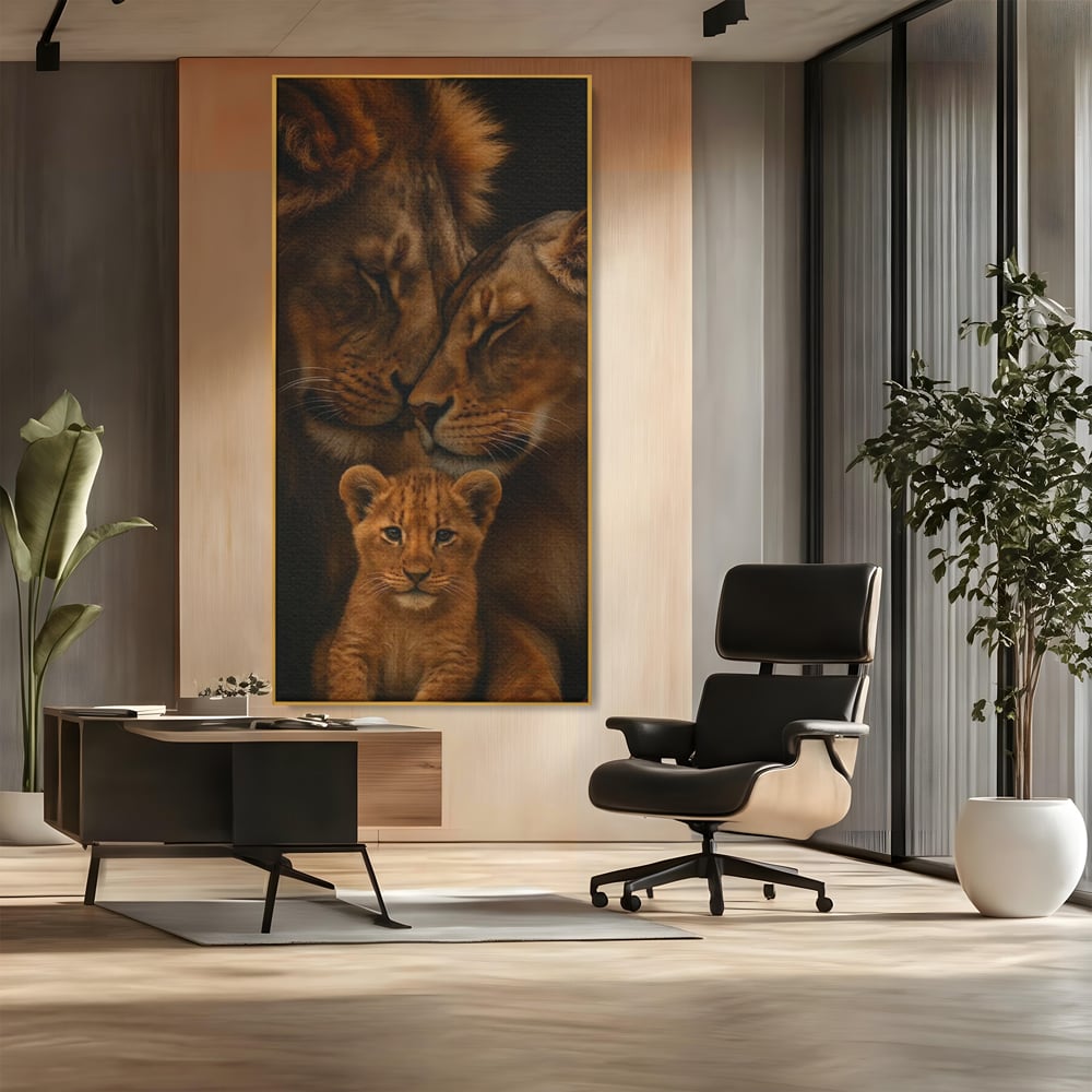 Tablou canvas cu tablou canvas cu familie de lei, in rama de aluminiu auriu, pe perete intr-un birou