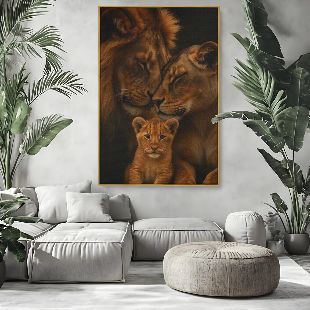 Tablou canvas cu tablou canvas cu familie de lei, in rama de aluminiu auriu, pe perete intr-un living
