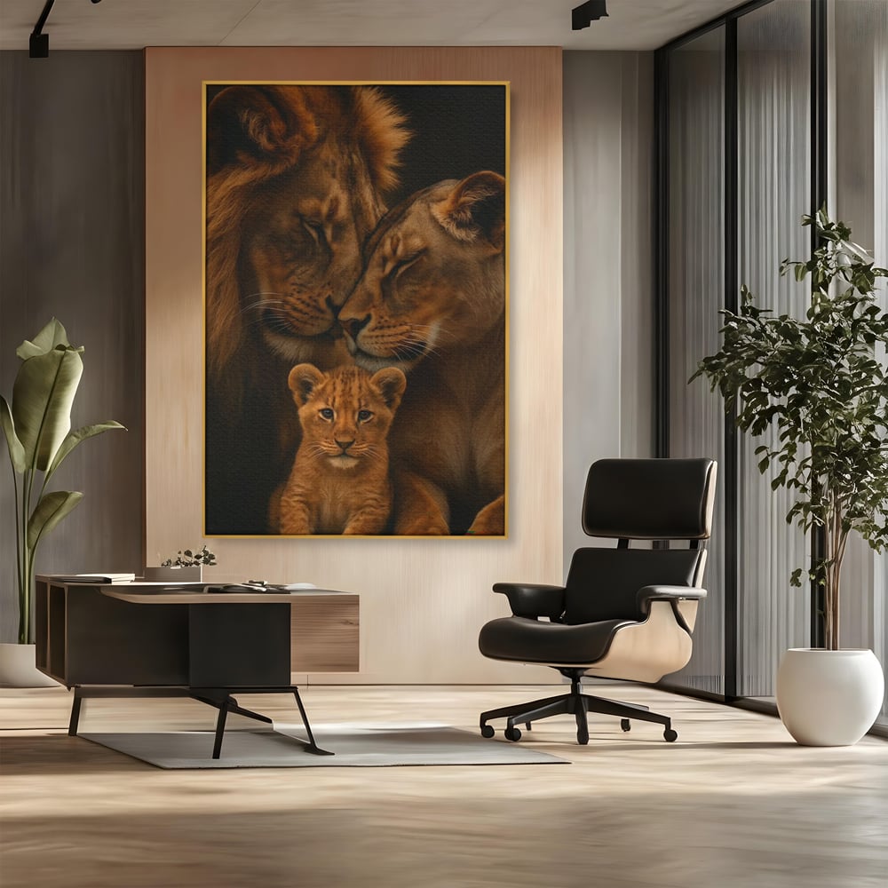 Tablou canvas cu tablou canvas cu familie de lei, in rama de aluminiu auriu, pe perete intr-un birou