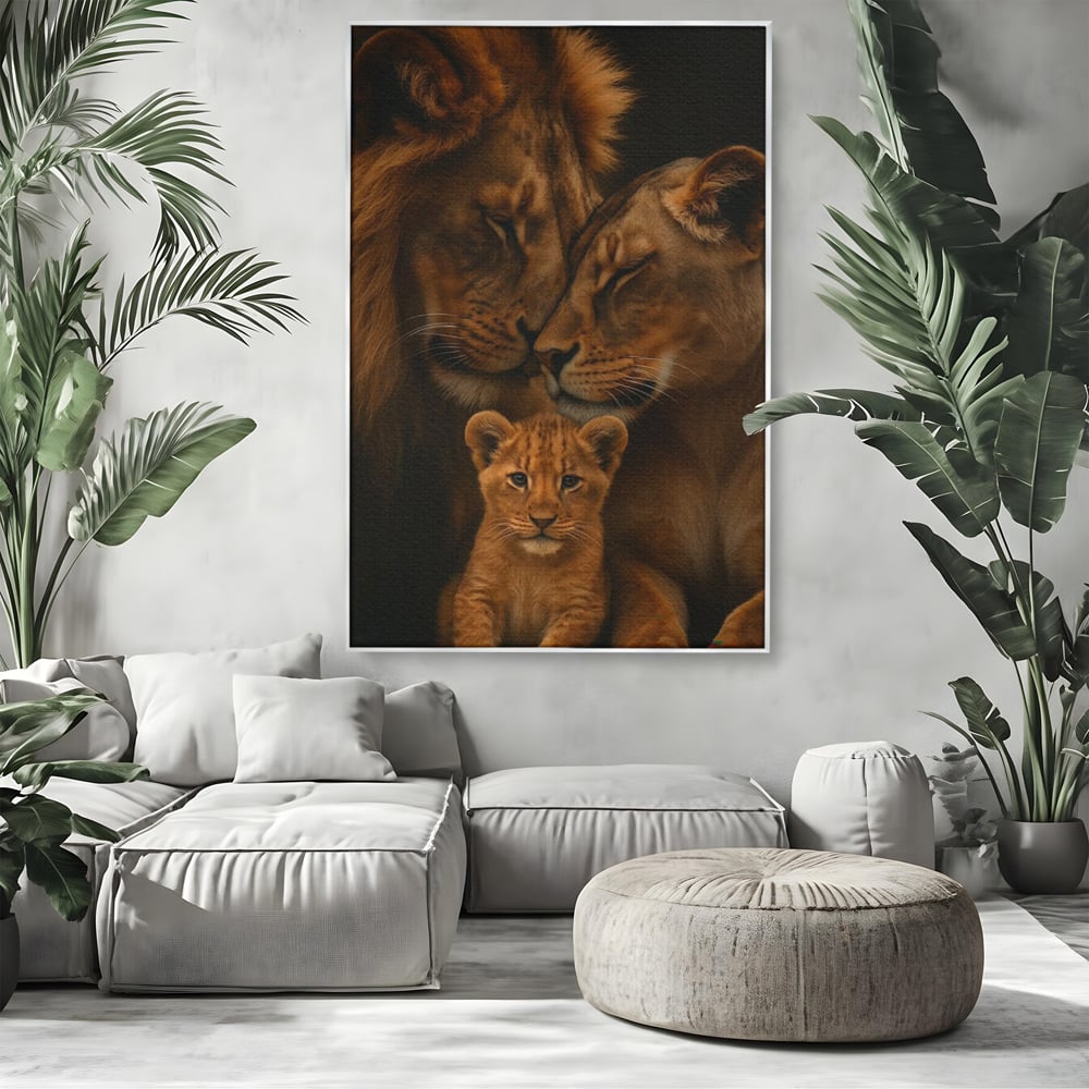 Tablou canvas cu tablou canvas cu familie de lei, in rama de aluminiu argintiu, pe perete intr-un living