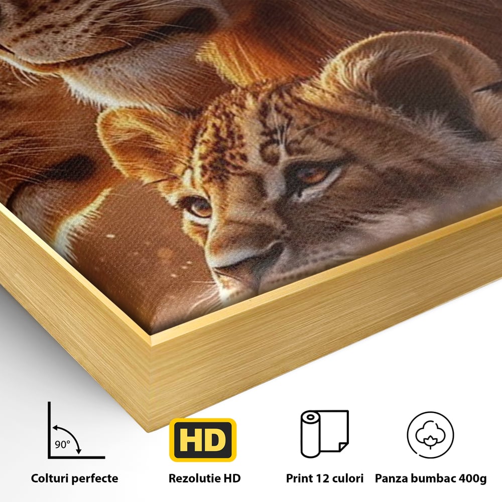 Detaliu al suprafetei: tablou canvas cu lei in amurg, in rama de aluminiu auriu