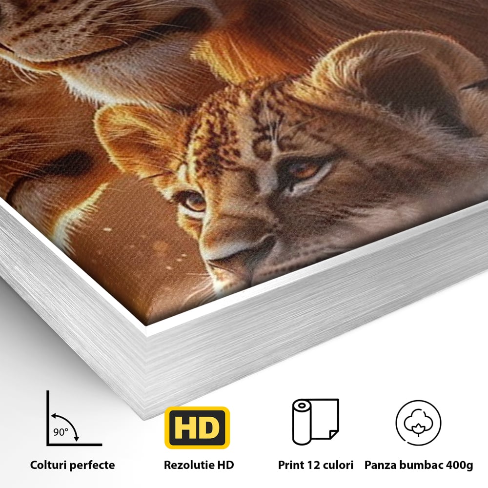 Detaliu al suprafetei: tablou canvas cu lei in amurg, in rama de aluminiu argintiu