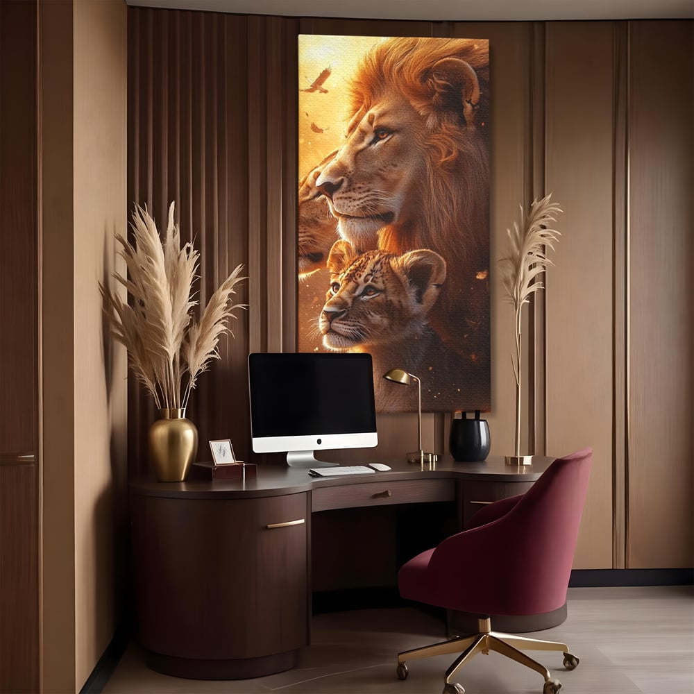 Tablou canvas cu tablou canvas cu lei in amurg, fara rama, pe sasiu de lemn, pe perete intr-un birou