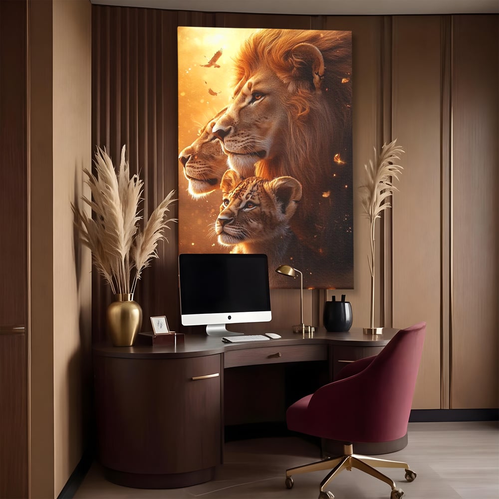 Tablou canvas cu tablou canvas cu lei in amurg, fara rama, pe sasiu de lemn, pe perete intr-un birou