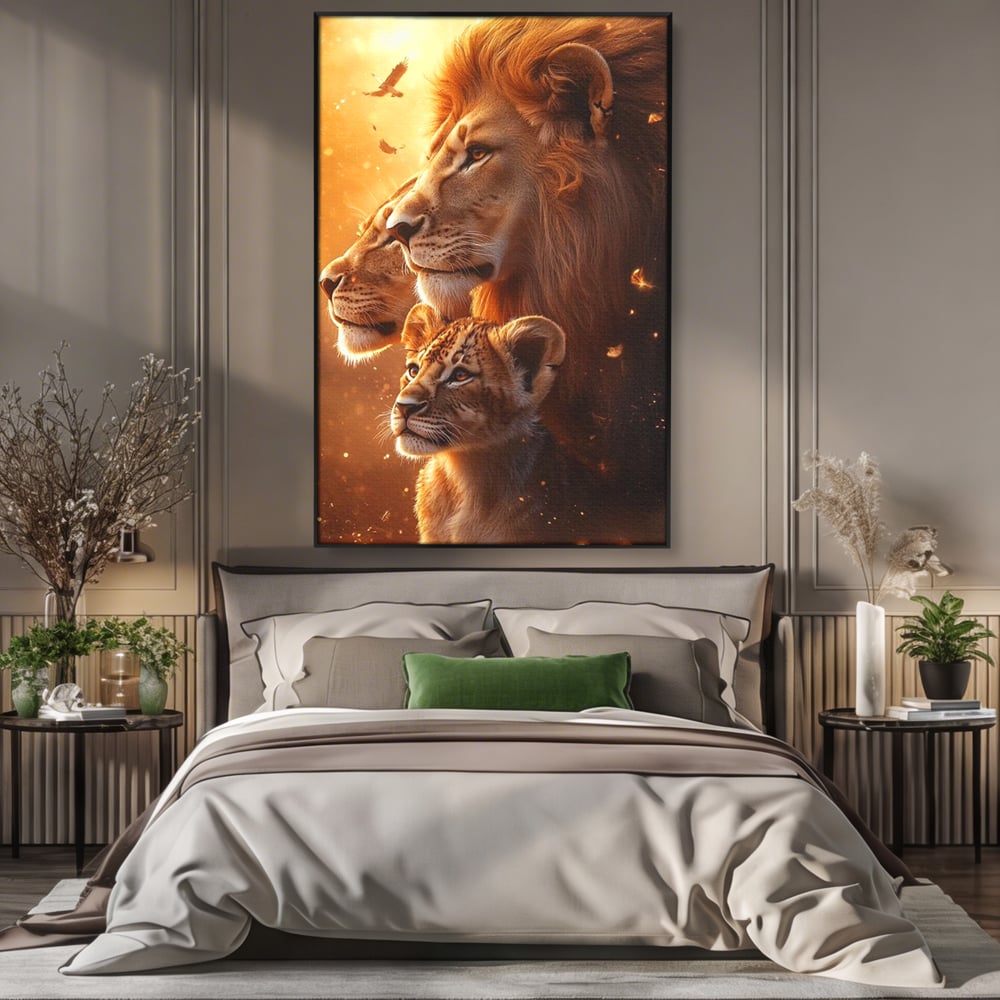 Tablou canvas cu tablou canvas cu lei in amurg, in rama de aluminiu negru, pe perete intr-un dormitor
