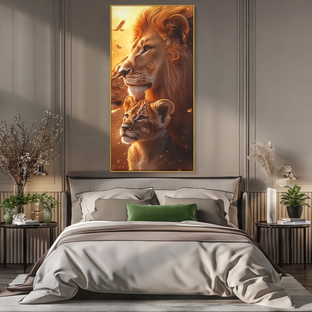 Tablou canvas cu tablou canvas cu lei in amurg, in rama de aluminiu auriu, pe perete intr-un dormitor