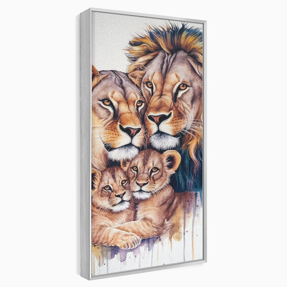 Tablou canvas cu tablou canvas cu familie de lei, in rama de aluminiu argintiu
