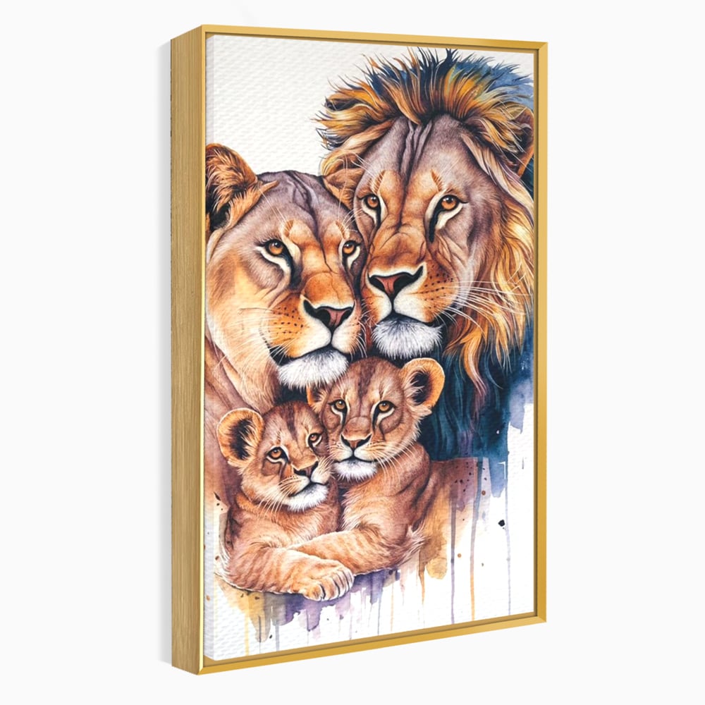 Tablou canvas cu tablou canvas cu familie de lei, in rama de aluminiu auriu
