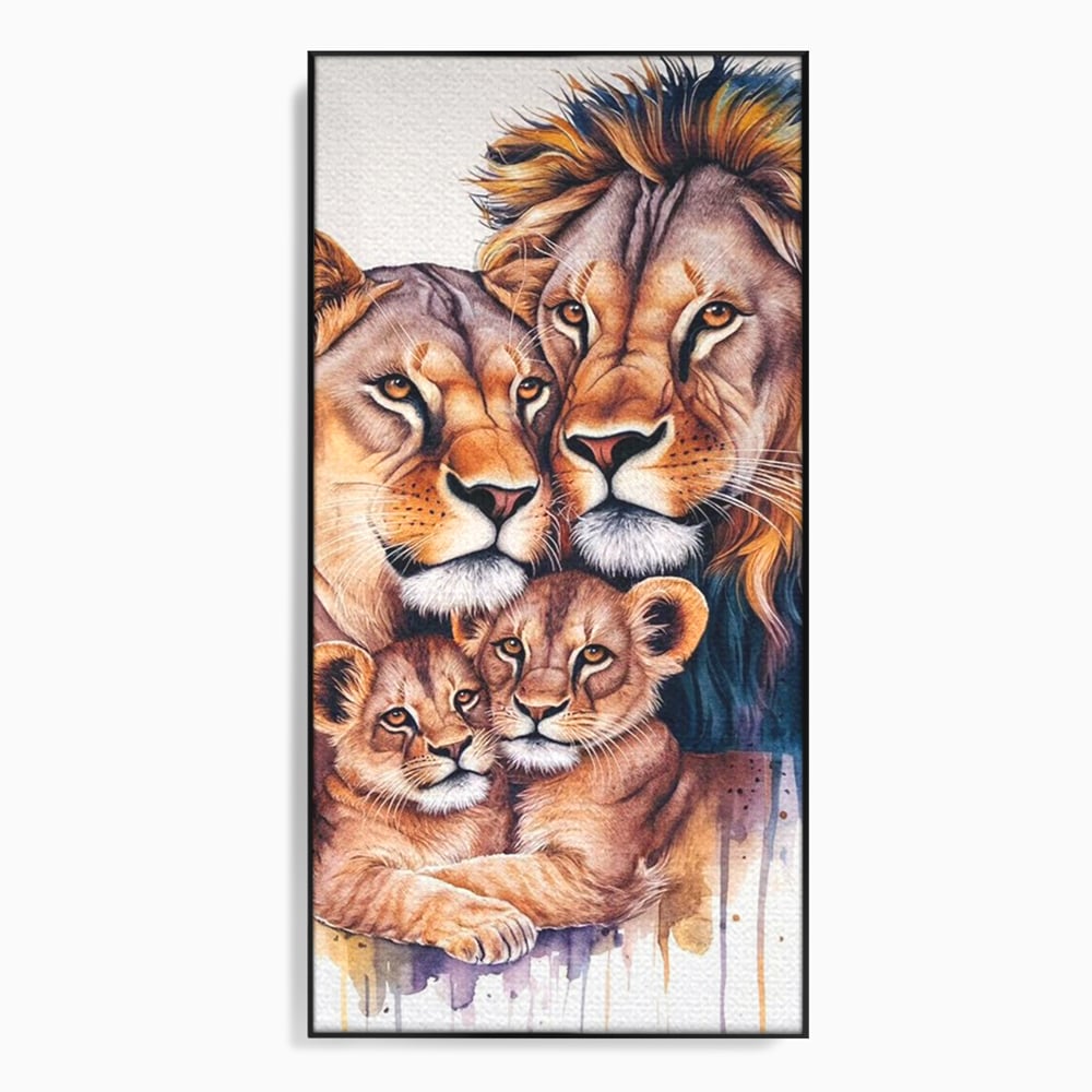 Tablou canvas cu tablou canvas cu familie de lei, in rama de aluminiu negru