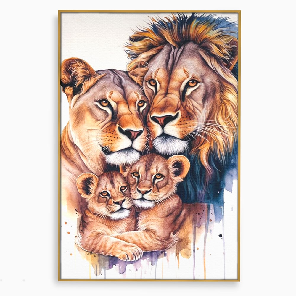 Tablou canvas cu tablou canvas cu familie de lei, in rama de aluminiu auriu