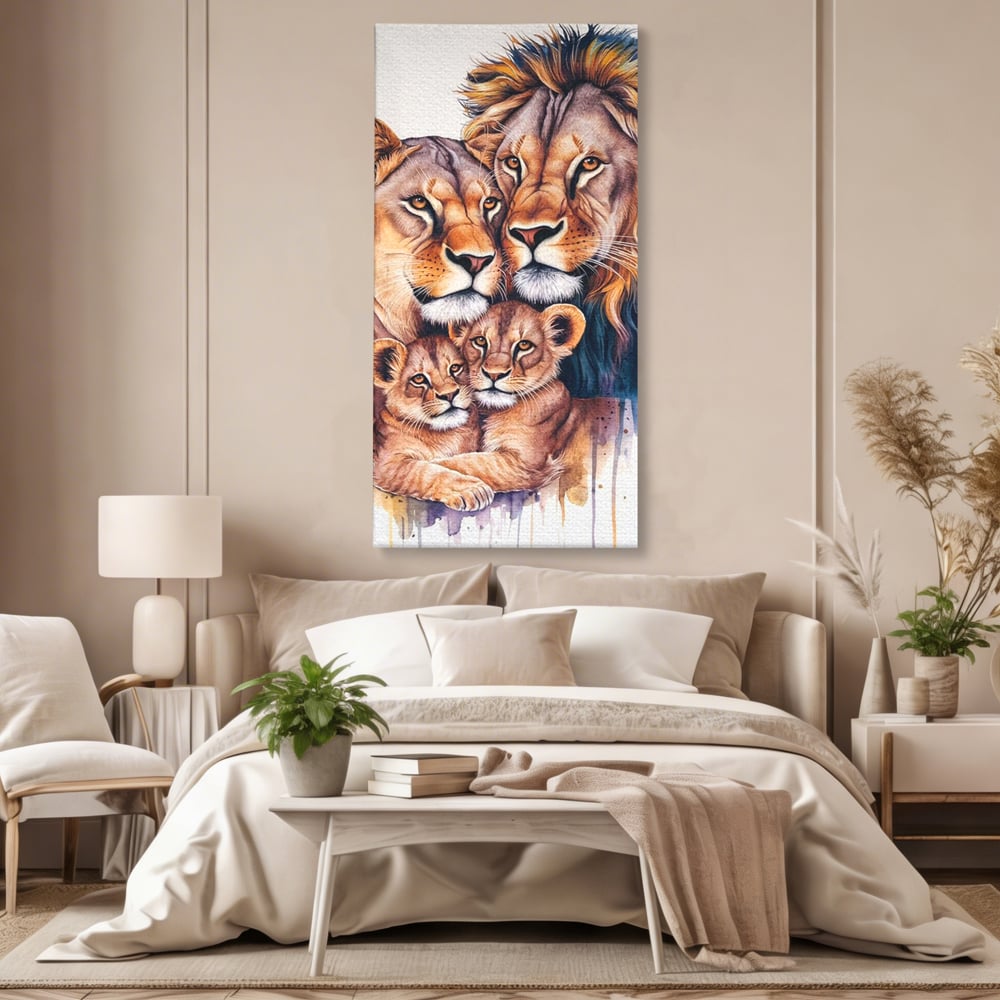Tablou canvas cu tablou canvas cu familie de lei, fara rama, pe sasiu de lemn, pe perete intr-un dormitor